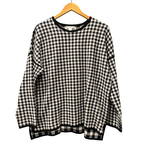 J Jill Sweater Womens Large Black White Gingham Check Reversible Pullover COMFY - Picture 1 of 9
